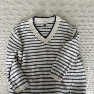 American Eagle Outfitters Cream and Navy Striped V-Neck Sweater